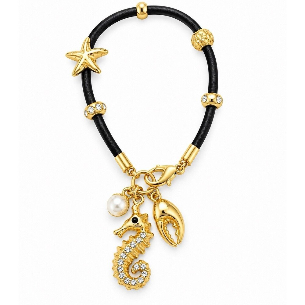 Black Cord Starfish Seahorse Claw Bracelet Gold-tone Pearl Crystal Charms 7.5"